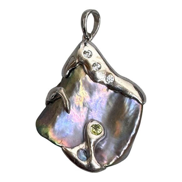 Vtg Statement 925 Sterling Silver Abalone Shell Pendant Artisan Signed 1.5" Boho - Picture 2 of 6